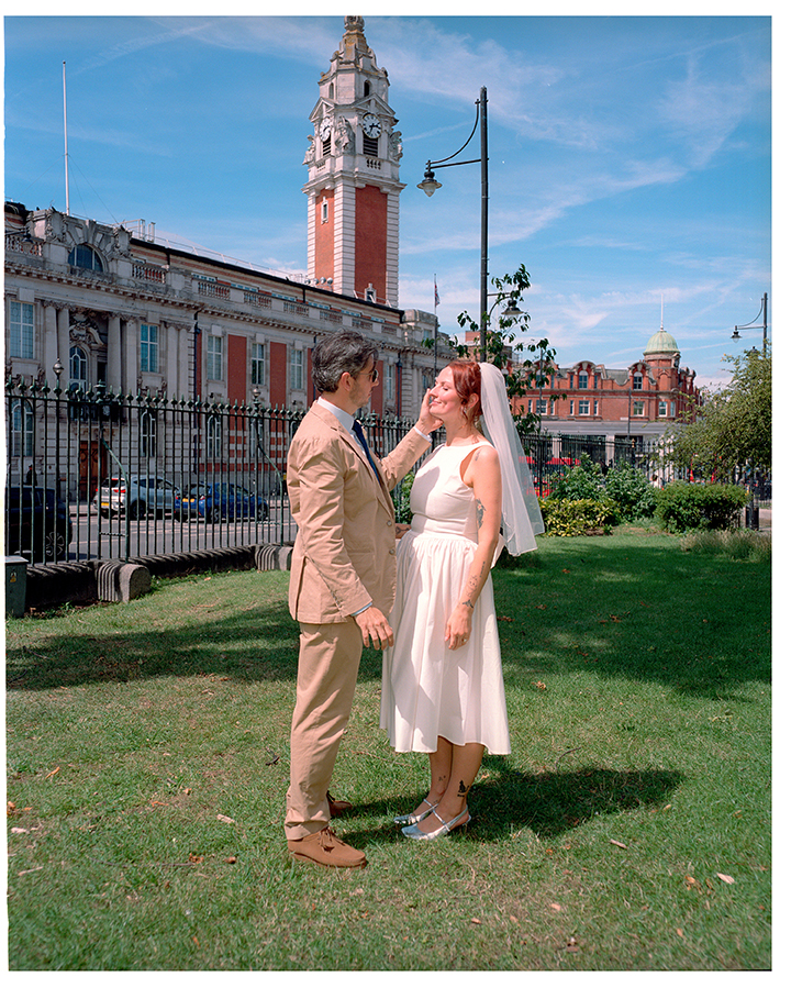 Bride and groom outside a London registry office